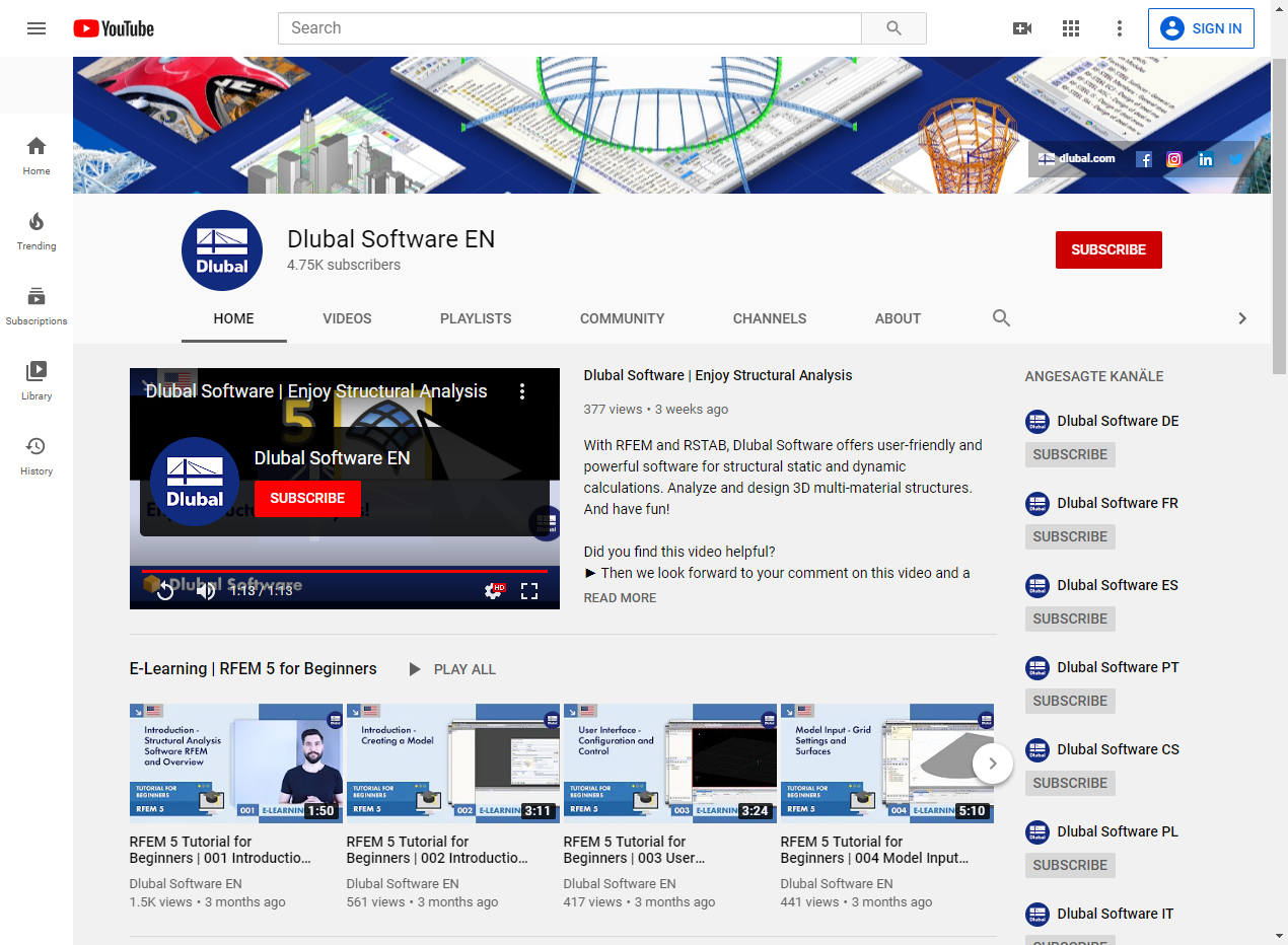 Canal da Dlubal no YouTube com seminários web técnicos detalhados sobre vários tópicos estruturais