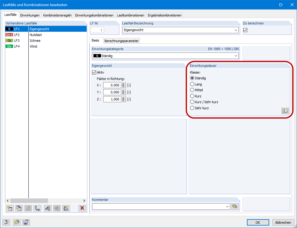 Zuordnung der Einwirkungsdauer für die Lastfälle