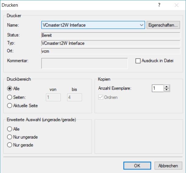 Auswahl des Druckers 'VCmaster t2W Interface'