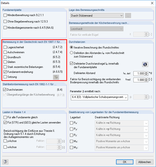 Configurações nos detalhes de dimensionamento