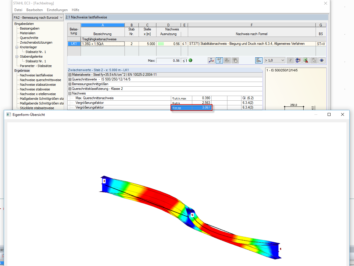 Ergebnisse und Eigenform der EC-3-Bemessung