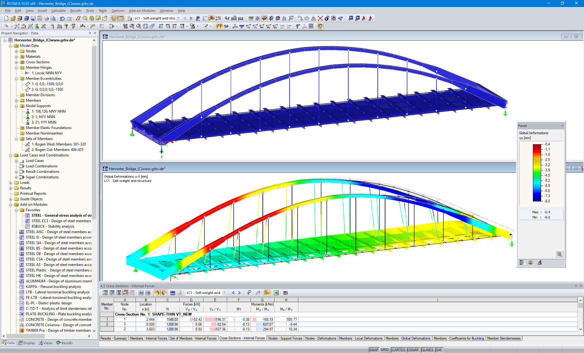 Modelo em 3D (em cima) e deformações (em baixo) de ponte Hervester n.º 423 no RSTAB (© grbv)