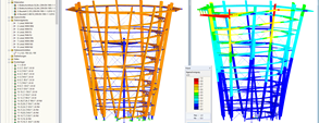 Modelo em 3D e primeira forma própria da torre de observação no RSTAB (© WIEHAG GmbH)