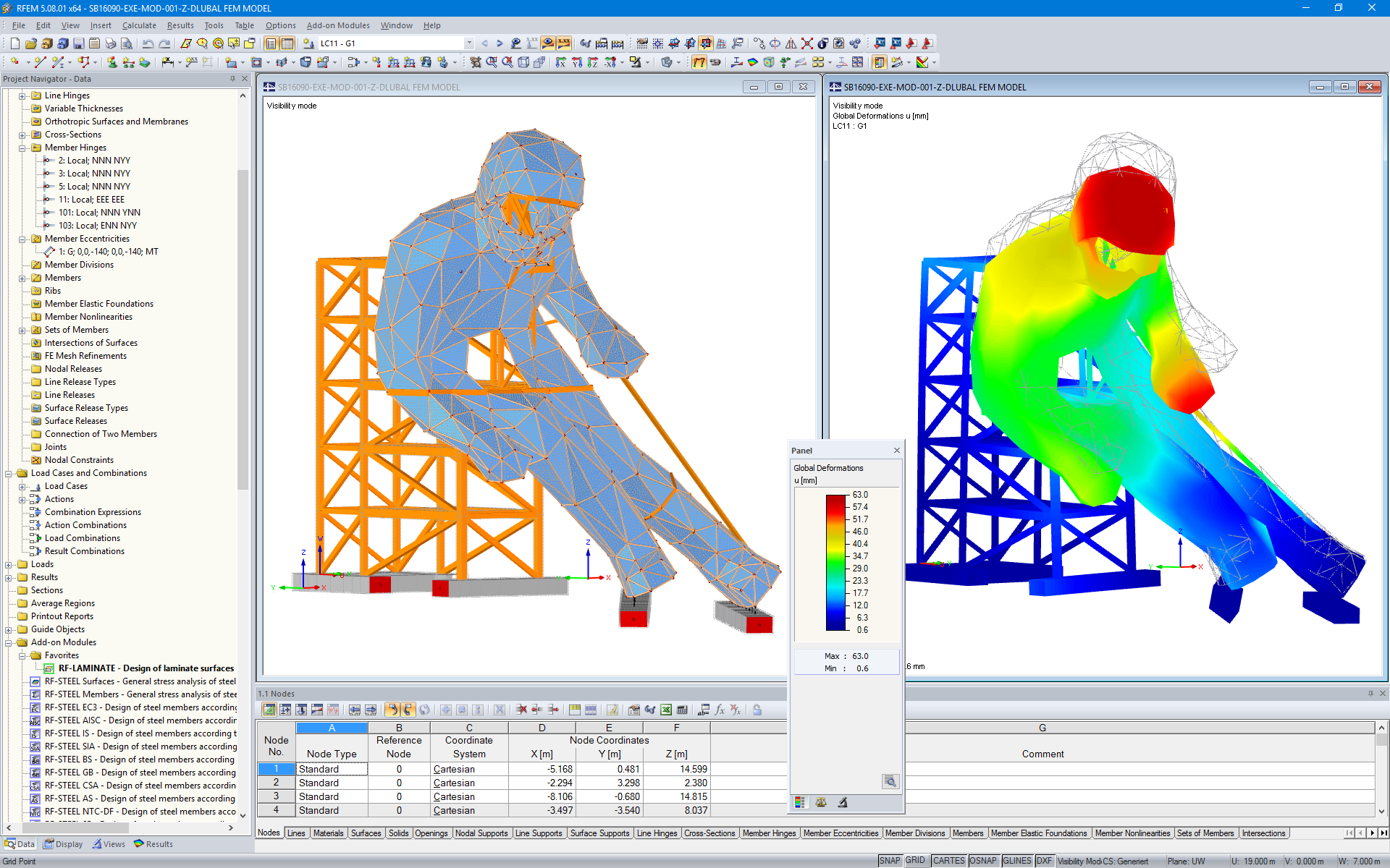 Modelo 3D e deformações de escultura Edy no RFEM (© sblumer ZT GmbH)