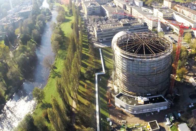 Reconstrução do gasómetro numa imagem panorâmica de 360° em Pforzheim