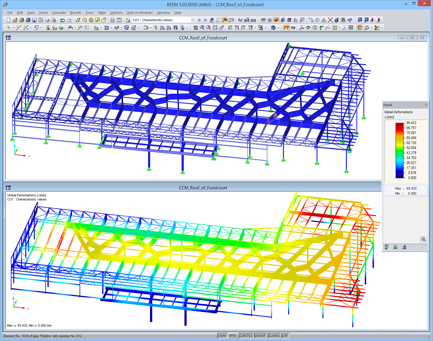 Modelo RFEM de cobertura de praça de alimentação com resultados de deformação (© Helika a.s.)