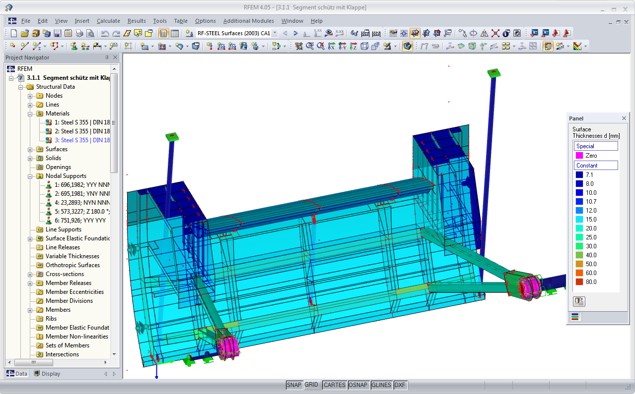 Modelo RFEM de espessuras de superfícies no módulo RF-STEEL Surfaces (© Ingenieurbüro Jürgen Ehlenz)