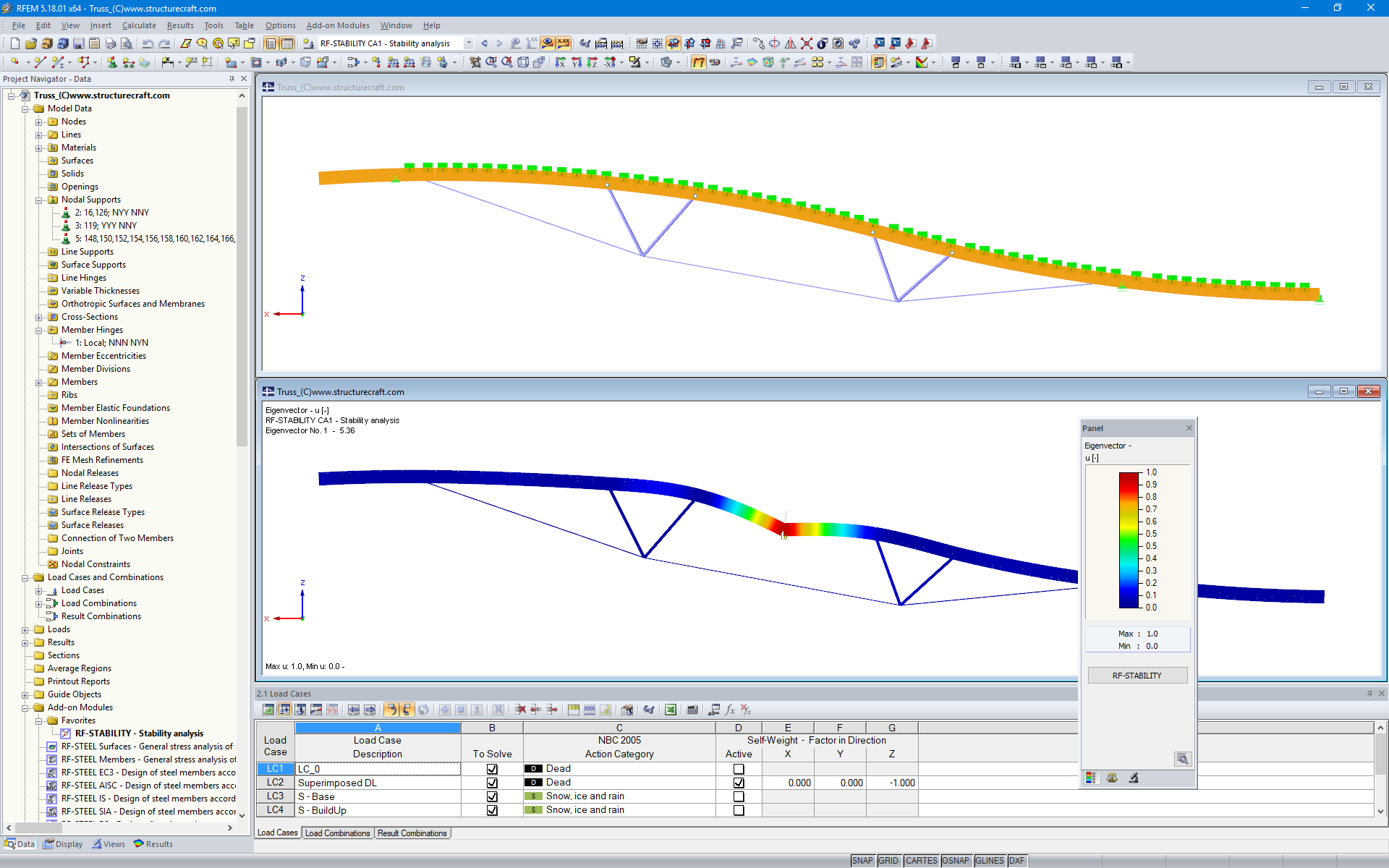 Modelo (em cima) e 1º modo de forma (em baixo) de treliças de cobertura híbridas no RFEM (© StructureCraft Builders Inc.)