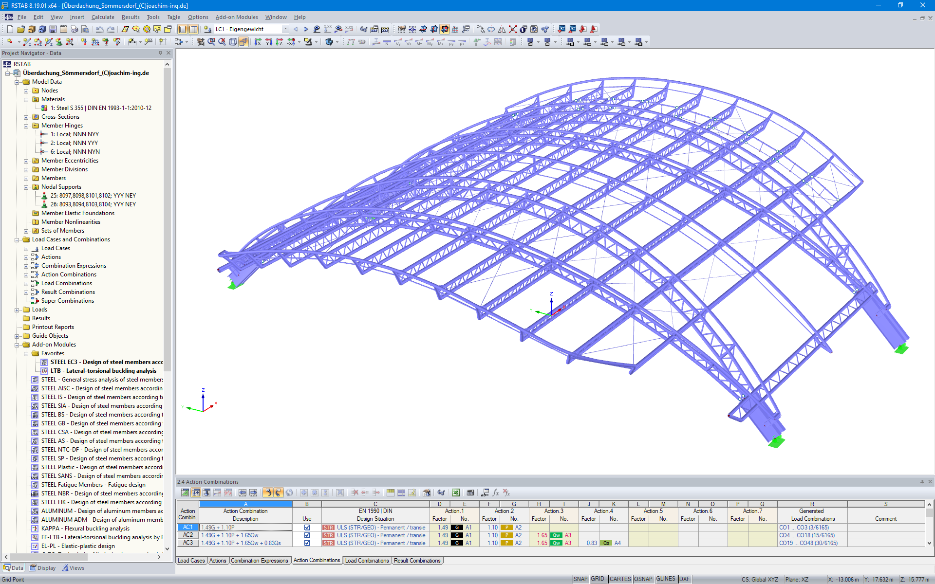 Modelo em 3D de estrutura da cobertura no RSTAB (© Joachim Ingenieure)