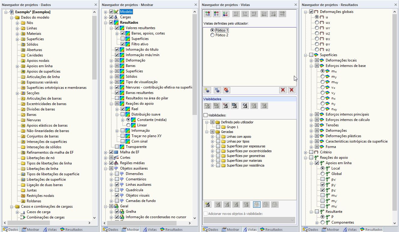 Separadores "Dados", "Mostrar", "Vistas" e "Resultados" do navegador de projetos