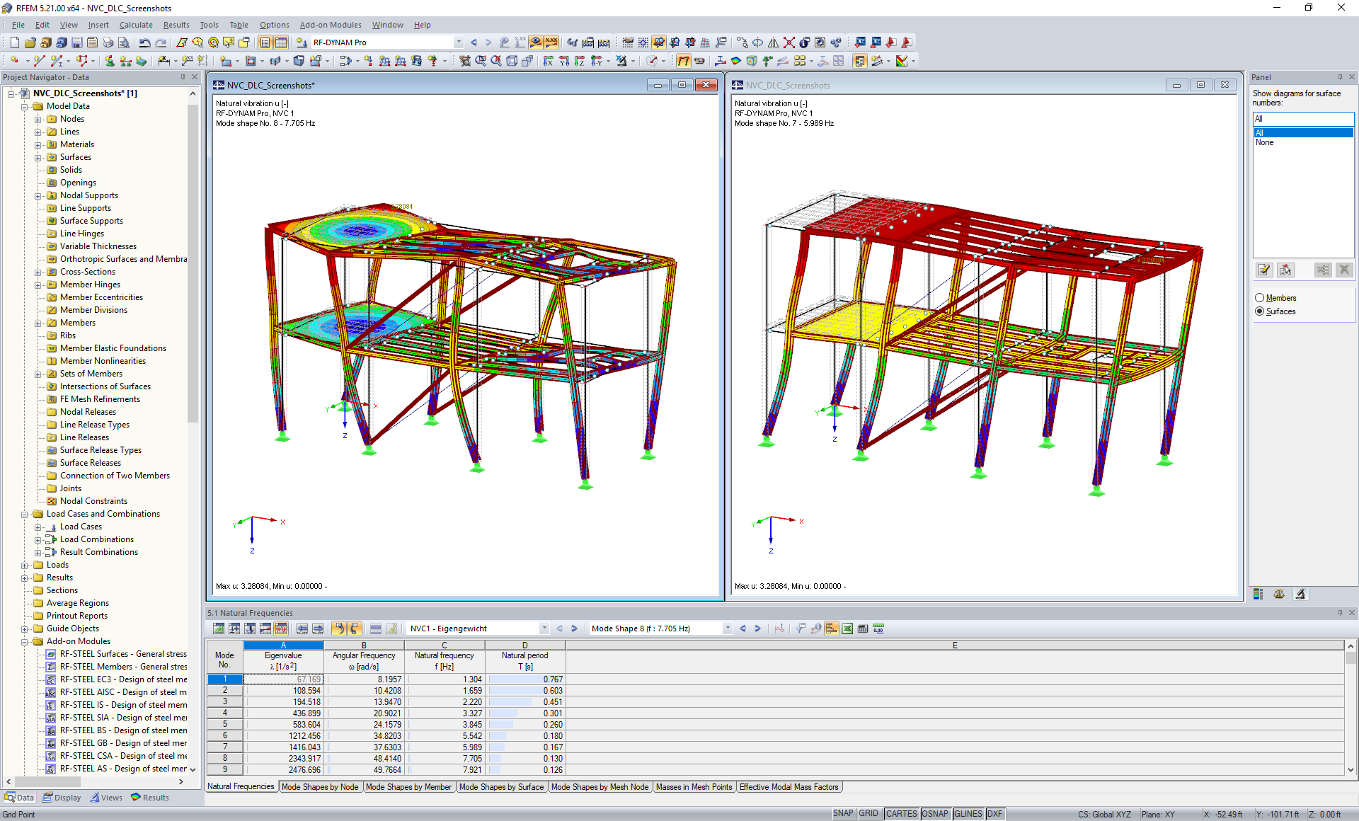 Análise modal no RFEM – Avaliação em tabelas e gráficos