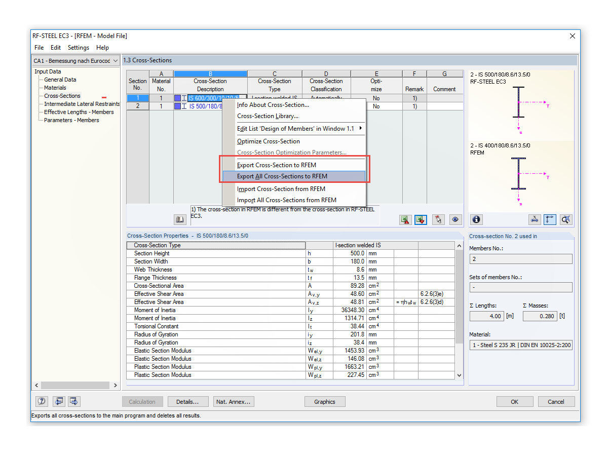 Transferência de secções para o programa principal do RSTAB/RFEM