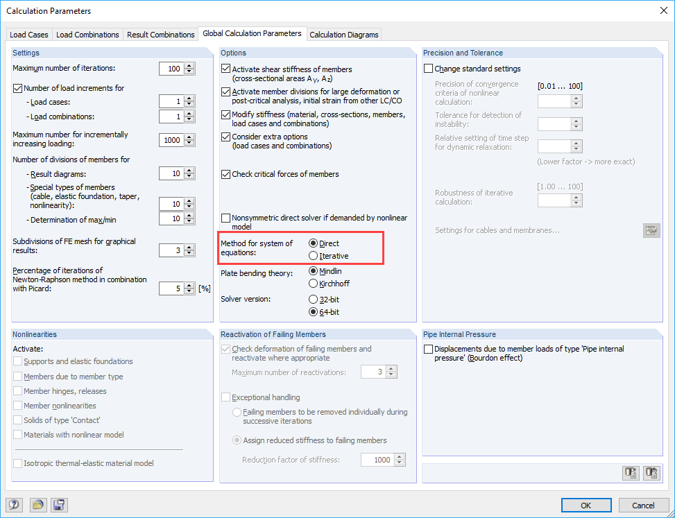 Gleichungslösermethode im Dialog "Berechnungsparameter"