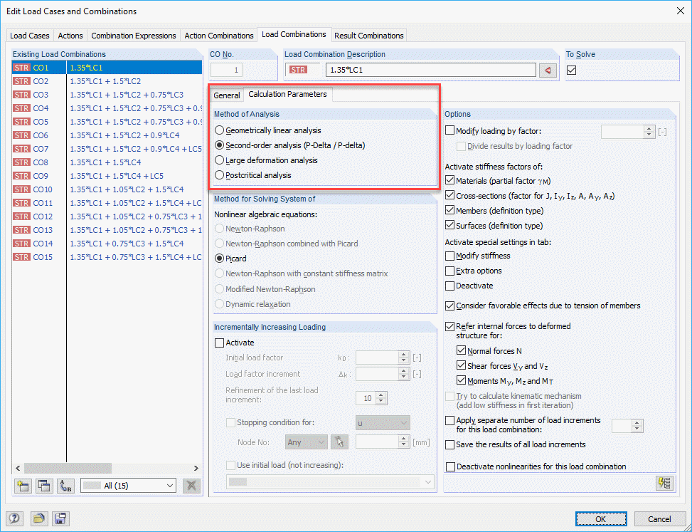 Combinação de carga: Método de configuração da análise