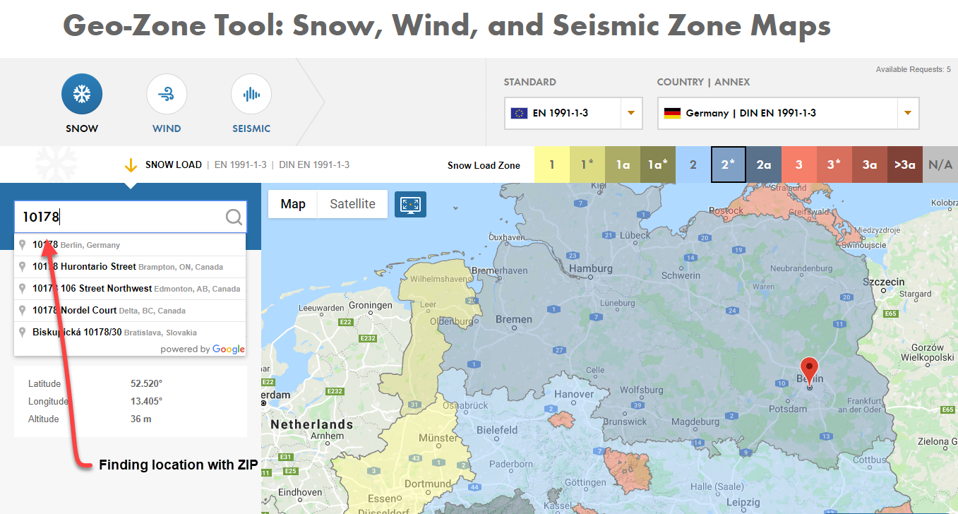 Localização da zona de carga de neve e carga de neve por código postal (CP)