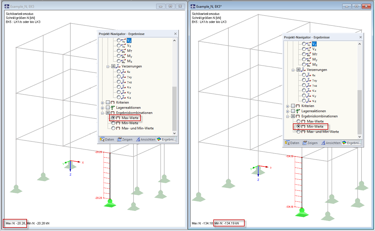 Avaliação da força axial para combinação de resultados