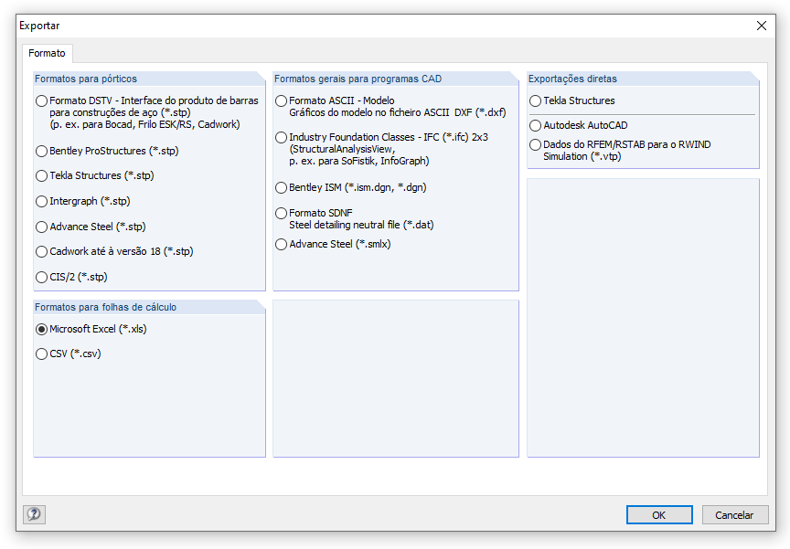 Interface de exportação do RSTAB