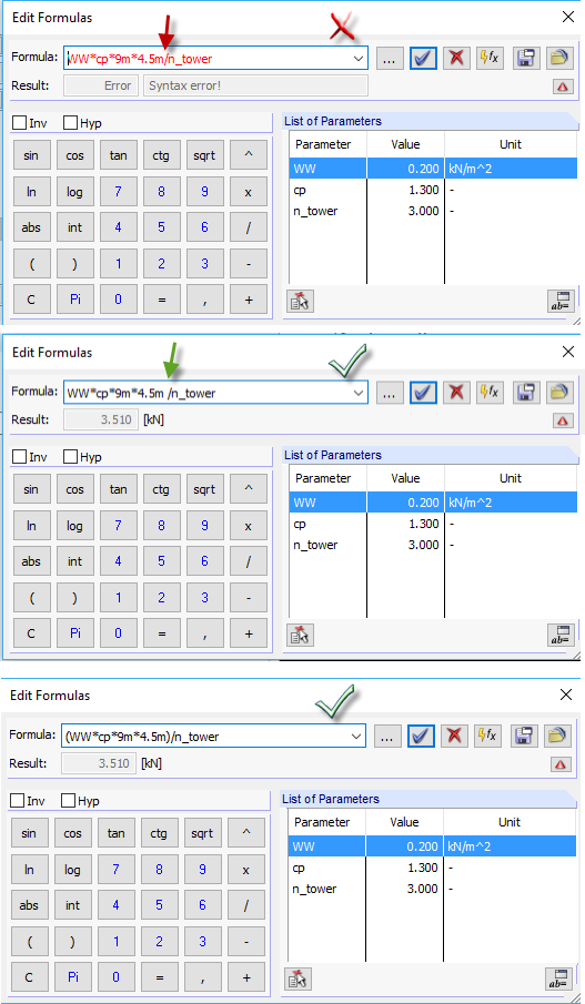 Utilização de espaços e parênteses no editor de fórmulas