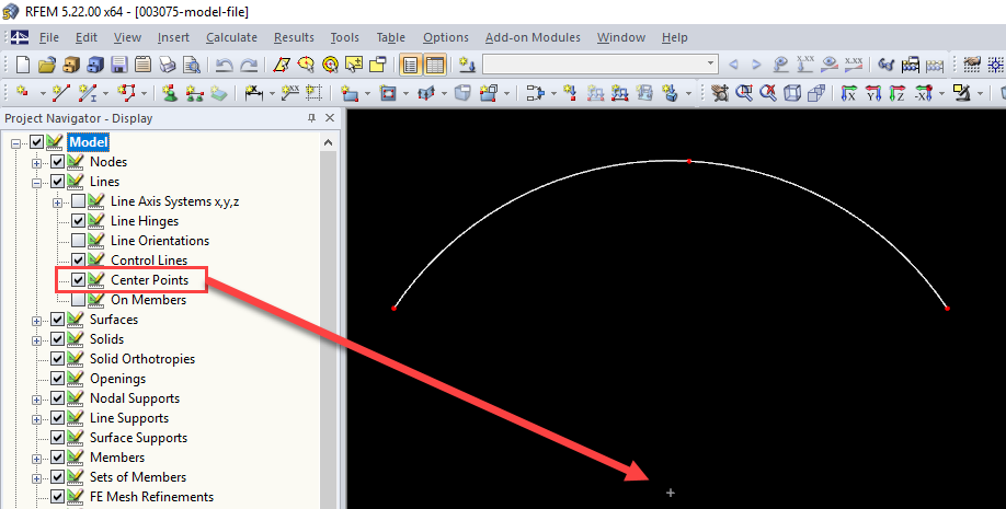 Navegador de projetos - Mostrar: Modelo -> Linhas -> Pontos centrais