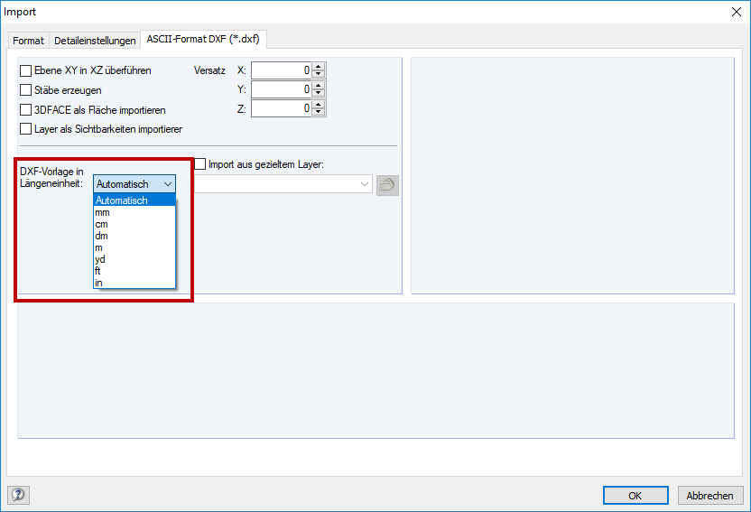 Importação do formato ASCII DXF: Configuração da unidade de comprimento