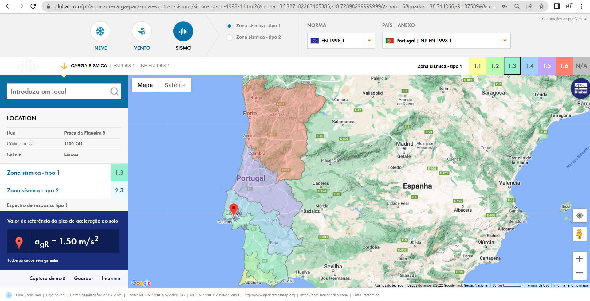 Serviço online 'Ferramenta de geolocalização: mapas de zonas com neve, vento e sismos'