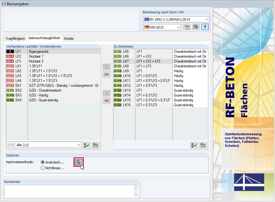 Separador de estado limite de utilização na janela 1.1 Dados gerais no RF-CONCRETE Surfaces