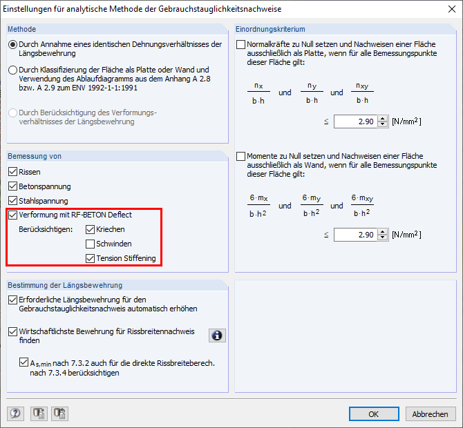 Configurações para o método analítico no dimensionamento do estado limite de utilização