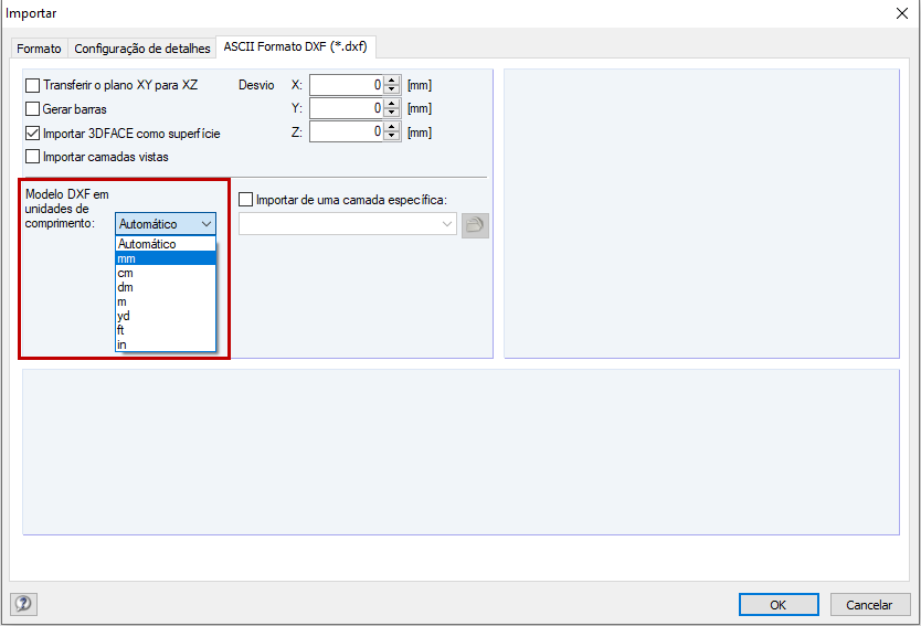 Caixa de diálogo do separador ASCII Format DXF (*.dxf)