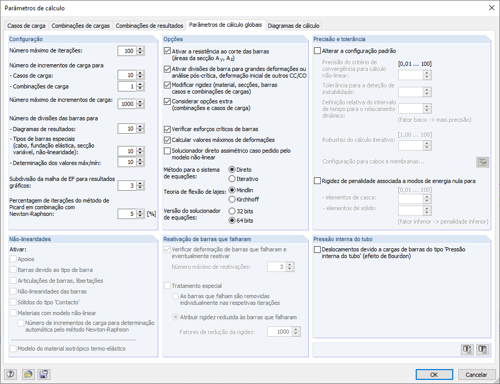 Configuração dos incrementos de carga