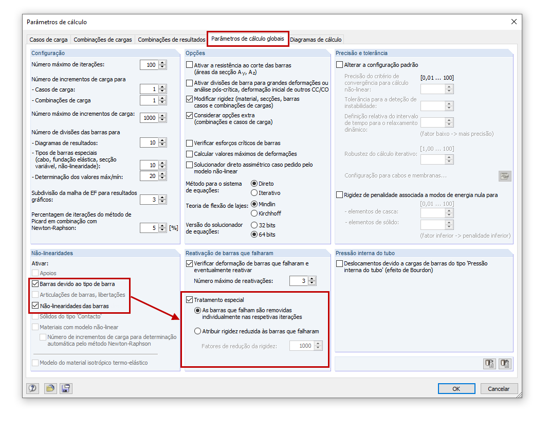 Tratamento especial de barras nos parâmetros de cálculo globais