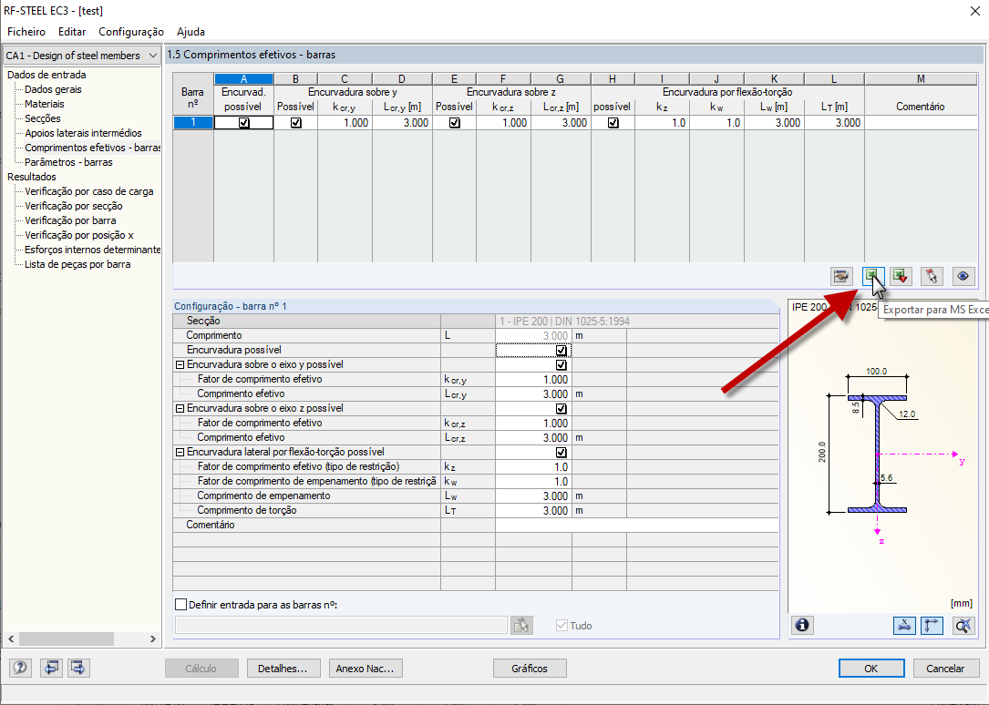 Exportação/importação de comprimentos efetivos para/do EXCEL no módulo STEEL EC3