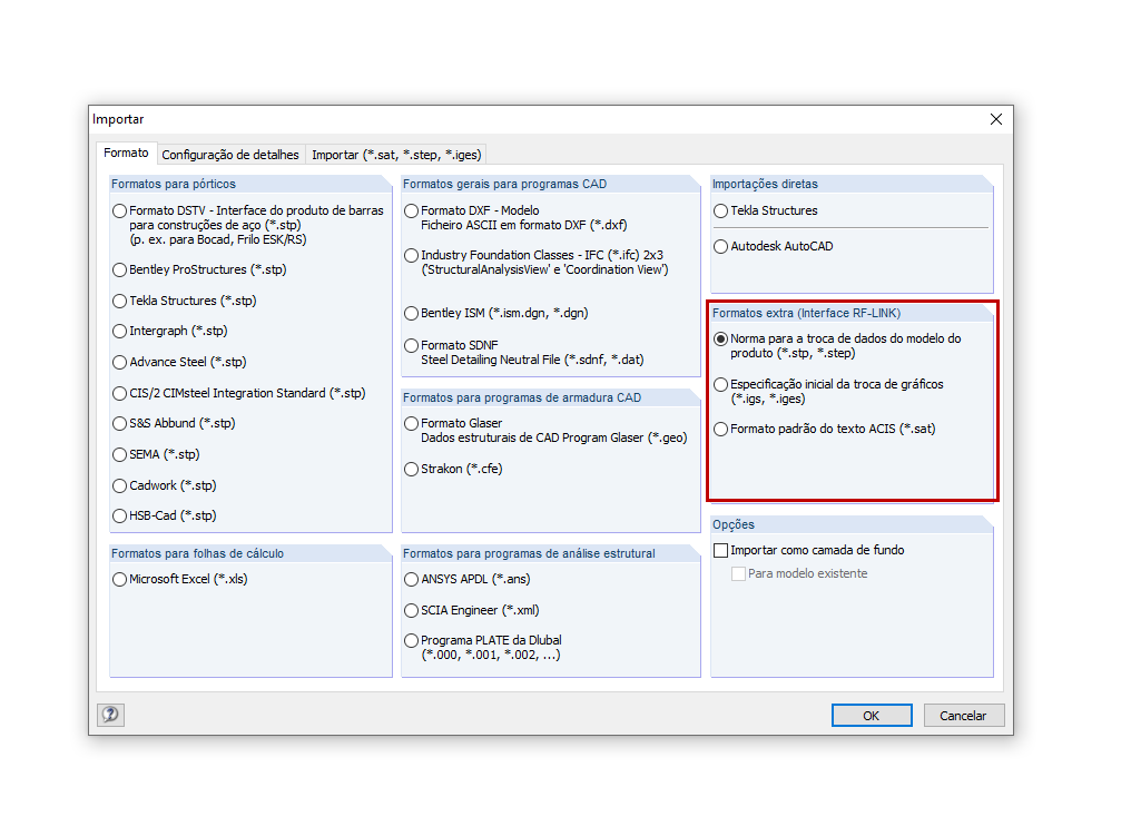 Opções de importação adicionais com o módulo adicional RF-LINK