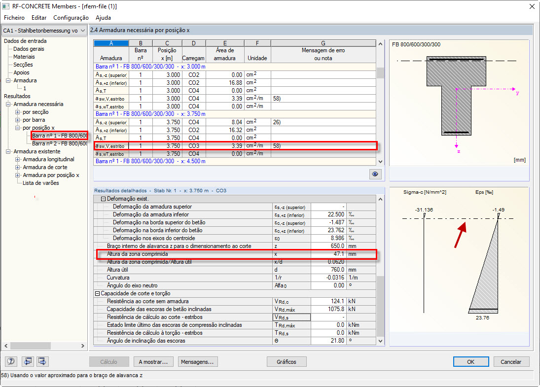 Altura da zona comprimida e posição do eixo neutro na janela "2.4 Armadura necessária por posição x"