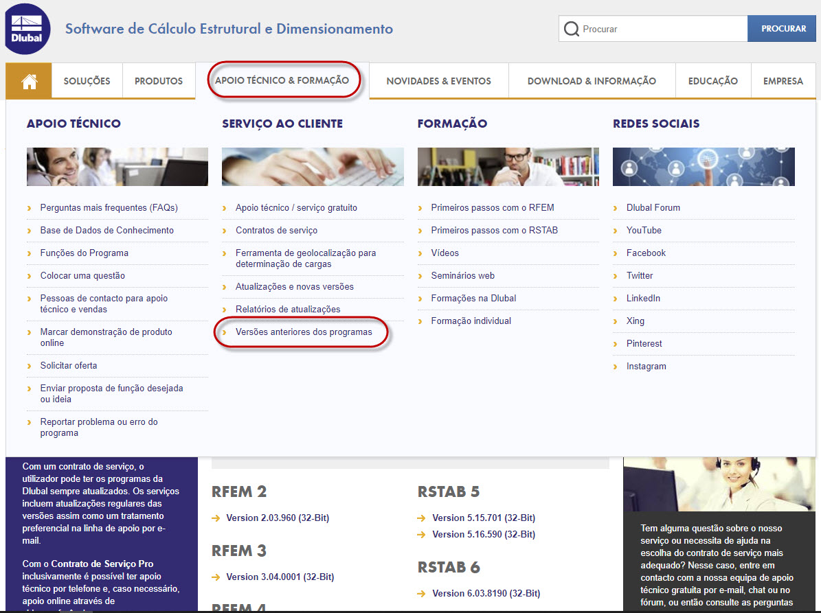 Versões anteriores dos programas na página web da Dlubal