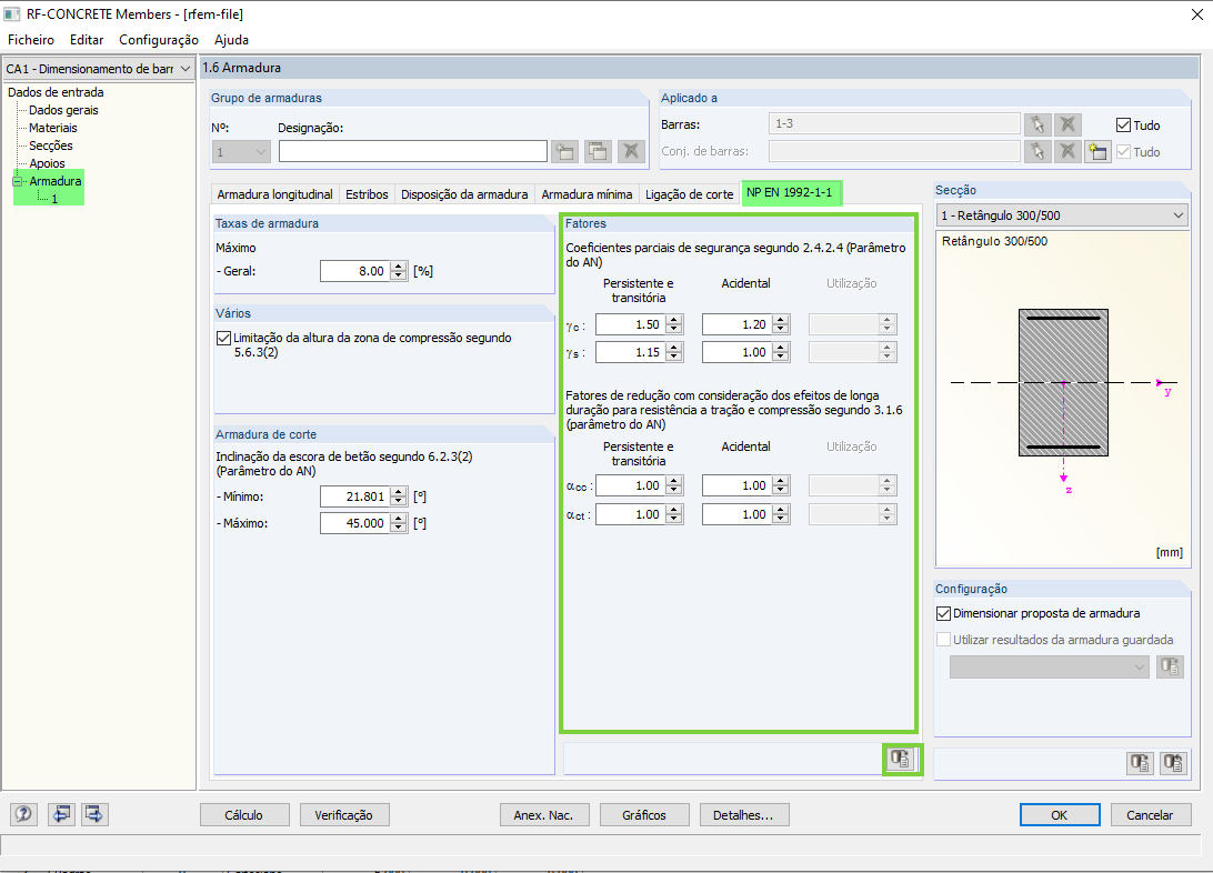 Janela 1.6 com a configuração dos coeficientes parciais de segurança para dimensionamento