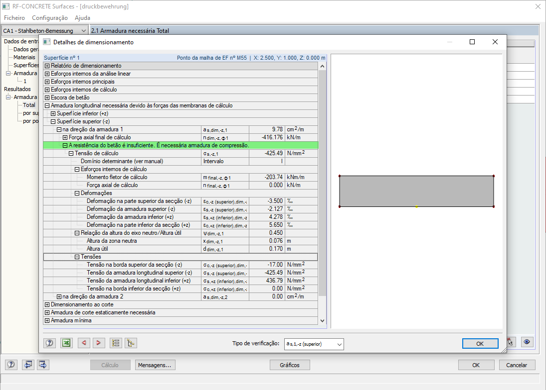 Detalhes de dimensionamento para a camada de armadura selecionada na janela 2.1
