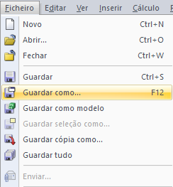 Caminho para o submenu "Guardar como..."