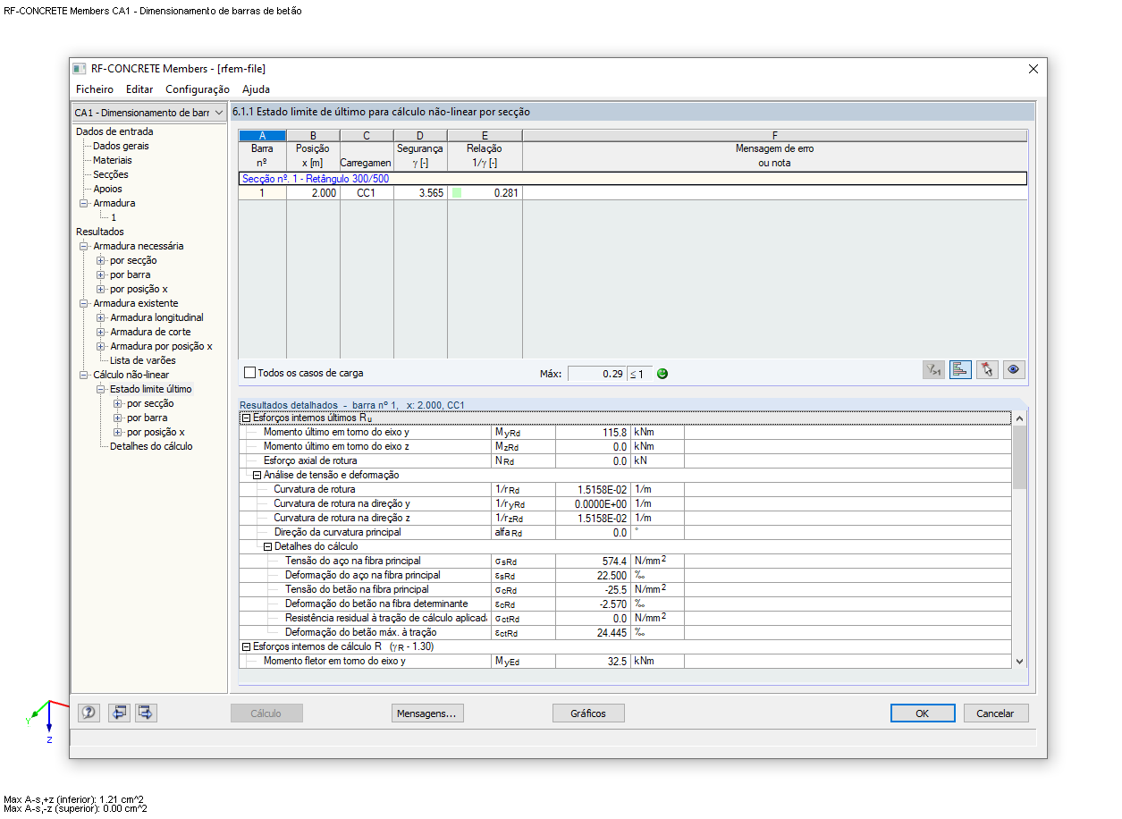 Janela 6.1.1 com os resultados do ULS para cálculo não linear por secção