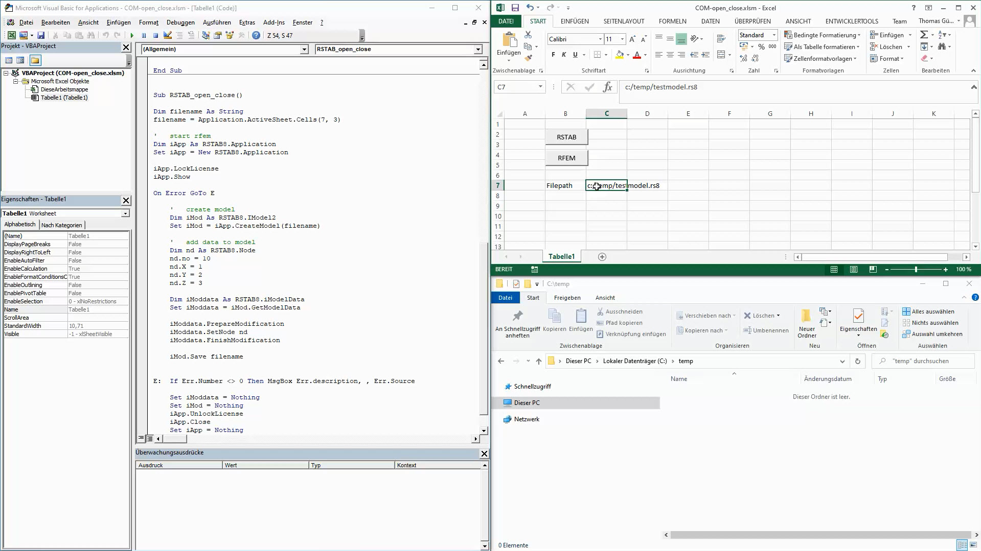 Macro VBA e pasta de destino para o ficheiro de teste