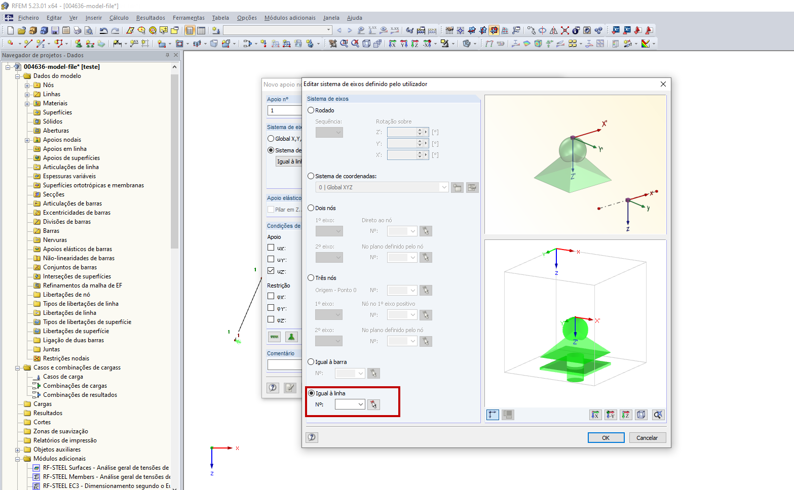 Editar sistema de eixos definido pelo utilizador – Igual à linha