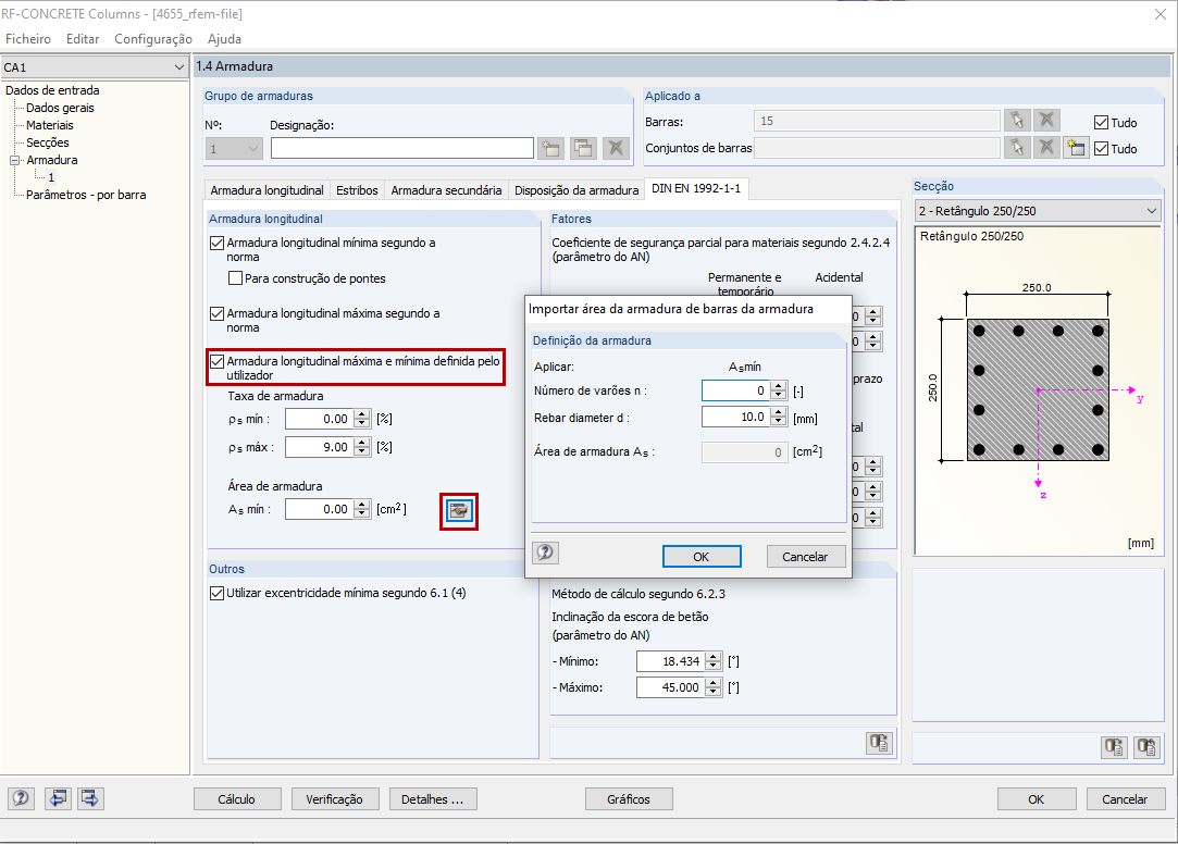 Janela 1.4 do RF-CONCRETE Columns com a configuração da armadura básica existente