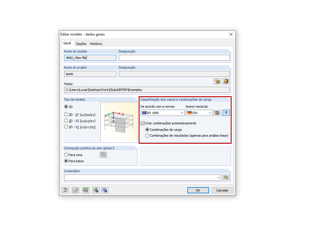Ativação de combinações automáticas na caixa de diálogo "Editar modelo – dados gerais"