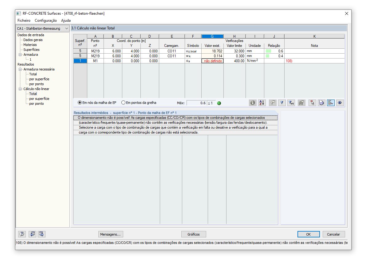 Erro 108 para a verificação de tensões do aço de armadura