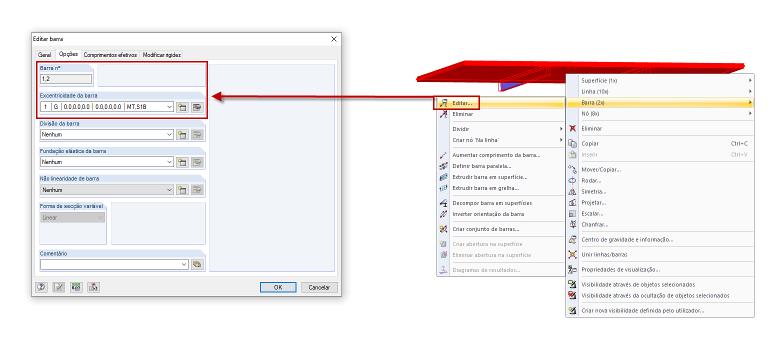 Seleção múltipla com o menu de atalho (direita) e a caixa de diálogo "Editar barra" (esquerda)