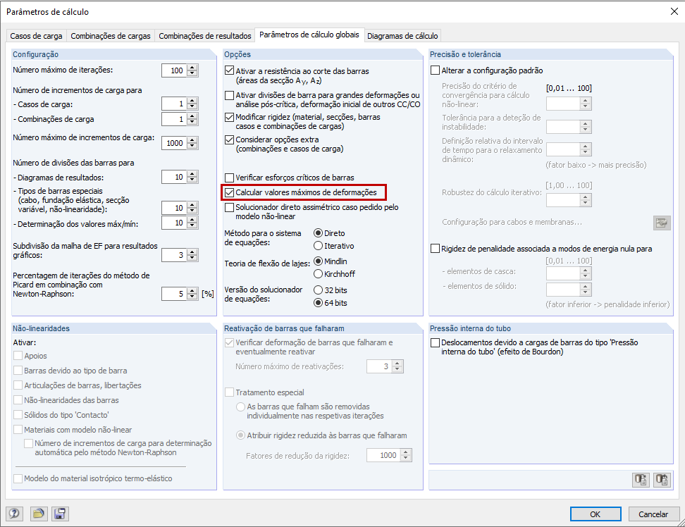 Desativação da opção "Calcular valores máximos de deformações" nos Parâmetros de cálculo