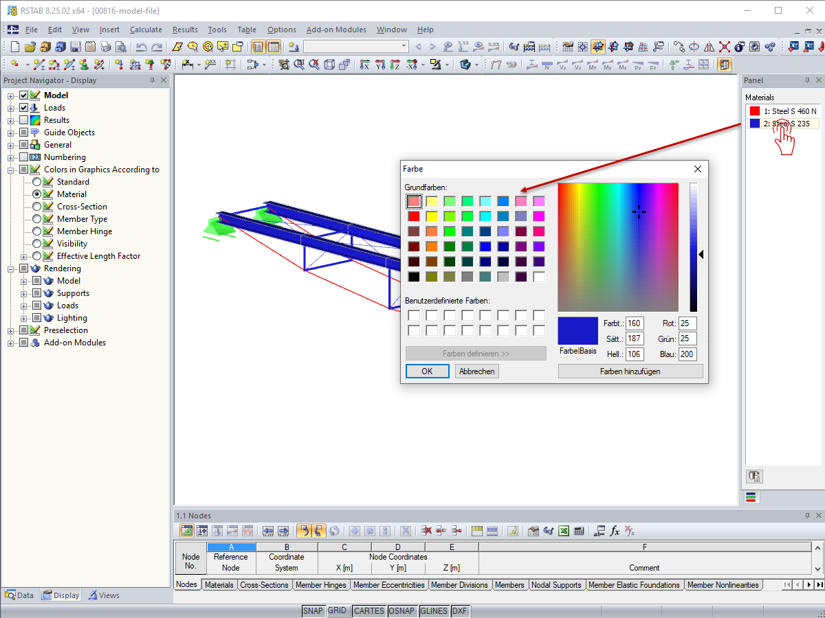 Modificação de cores para materiais no painel