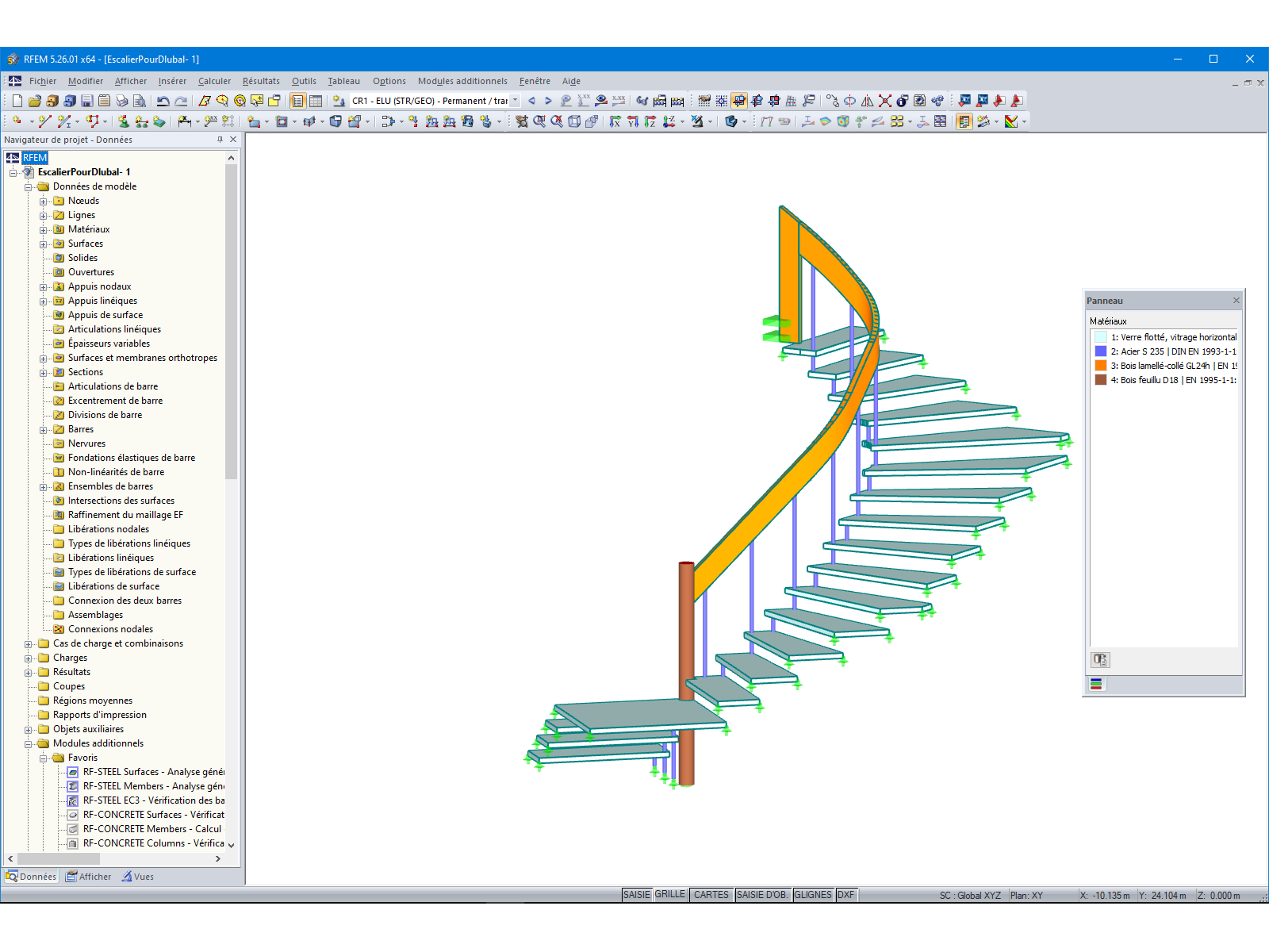 Modelo 3D de uma escada de diversos materiais (madeira, aço, vidro) no RFEM (© YLEx)