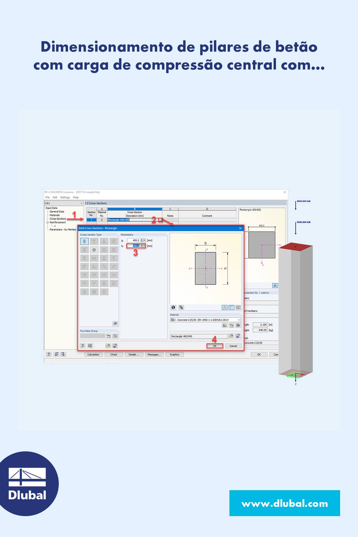 Dimensionamento de pilares de betão sob compressão axial com o RF-CONCRETE Columns