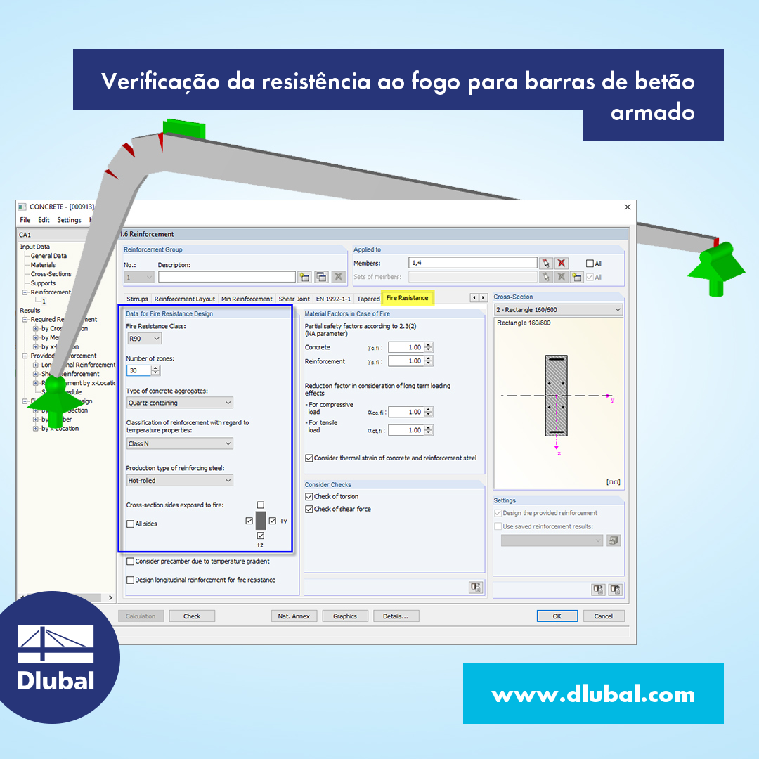 Verificação da resistência ao fogo para barras de betão armado