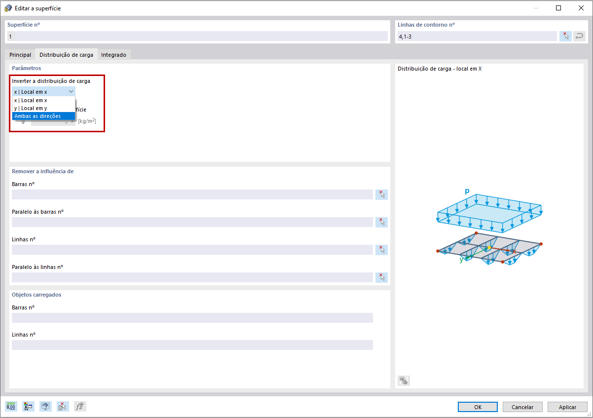 FAQ 005057 | Tenho uma grelha de vigas com barras nas direções X e Y. Após aplicar uma carga utilizando o tipo de superfície "Distribuição de carga", as barras apenas são carregadas numa direção